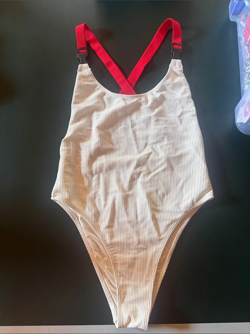 Frankie's Bikinis white One-Piece with Red Straps